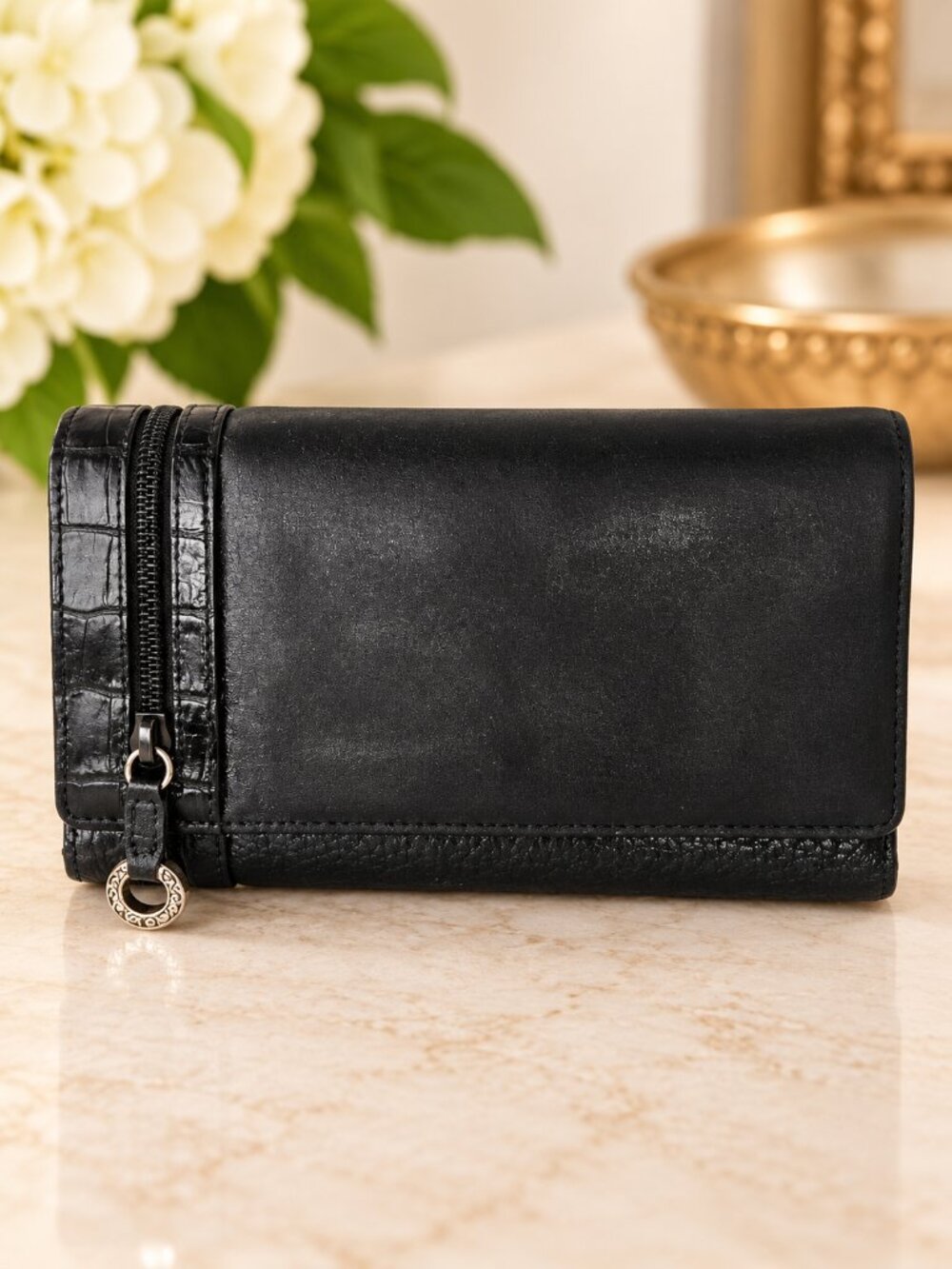 Brighton Black Leather Large Trifold Organizer Wallet Croc Embossed Zip